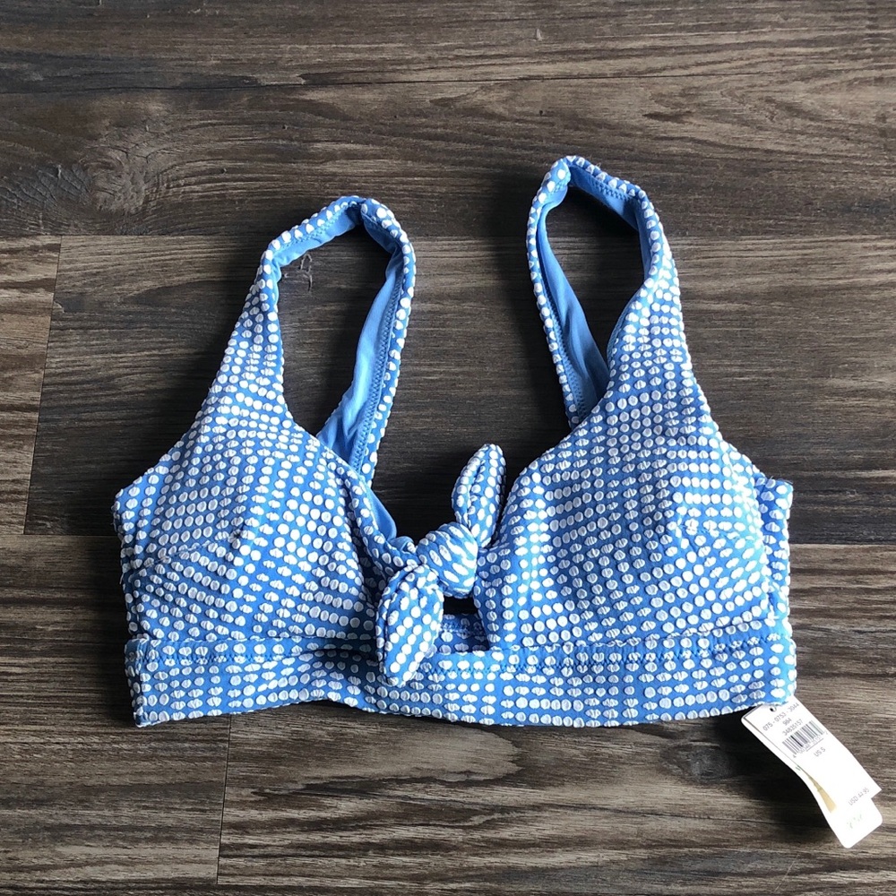 NWT Aerie Scoop Knot Front Bikini Top Blue White Jacquard Polka Dot